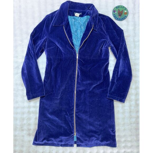 Anthropologie Jackets & Blazers - Anthropologie Small 34" Blue Navy Full Length Zip‎ Velvet Coat Jacket Lace Inlay